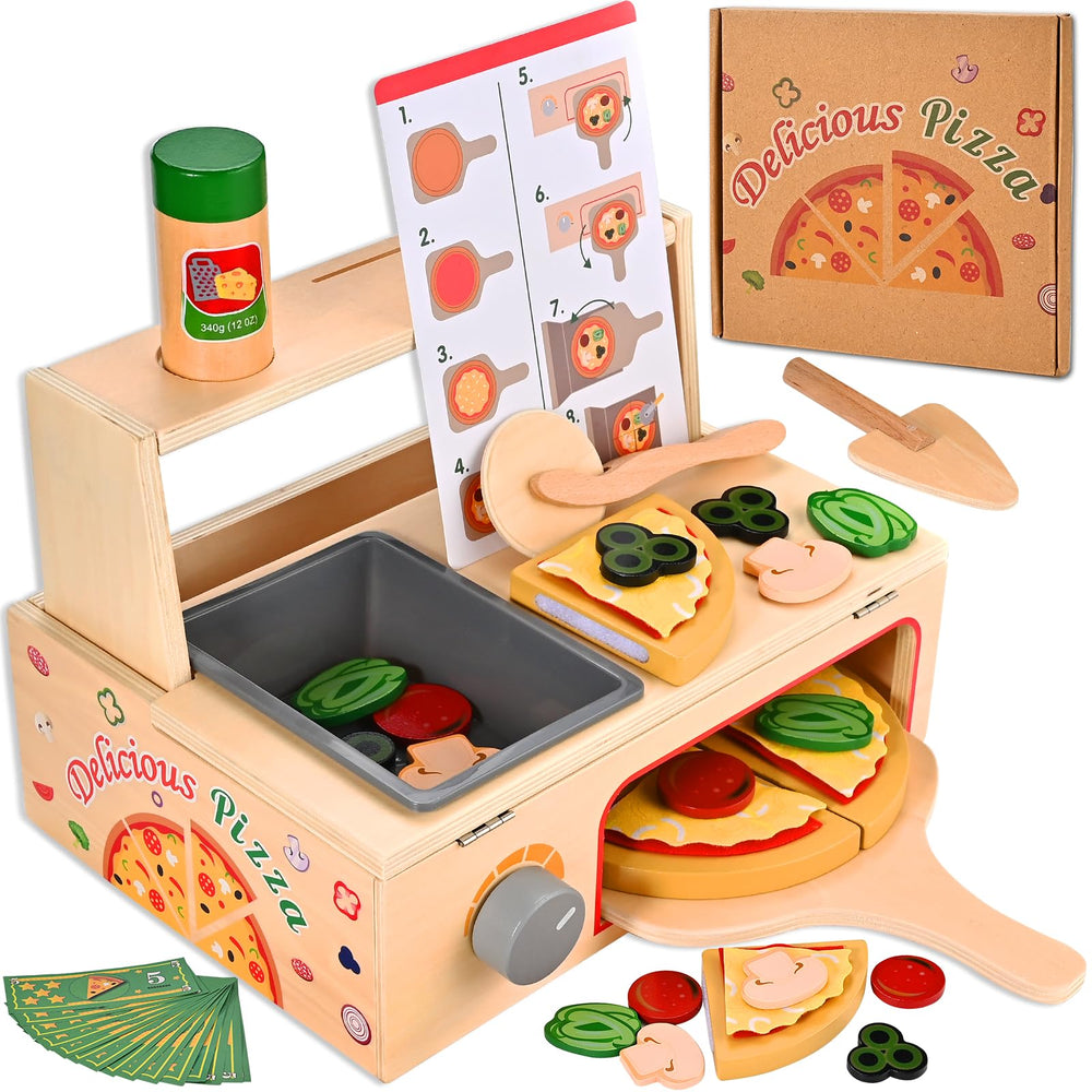 Wooderma pizza toy oven with spinning buttons for realistic pretend baking.