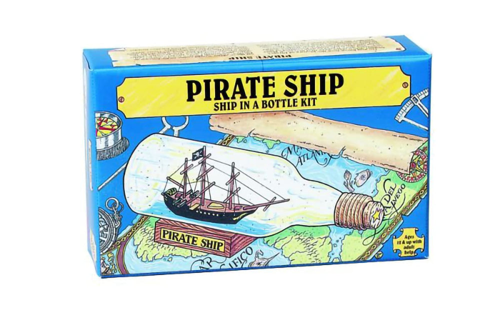 WOODKRAFTERS Pirate Ship in a Bottle kit with pre-shaped parts for a detailed build