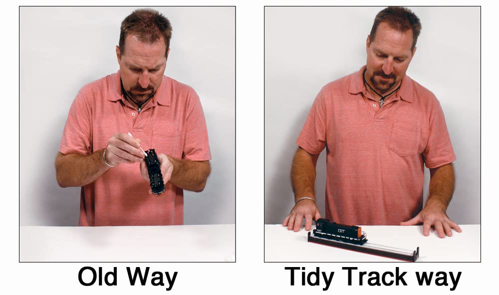 Woodland Scenics Tidy Track Roto Wheel Cleaner in use cleans multiple wheels efficiently.