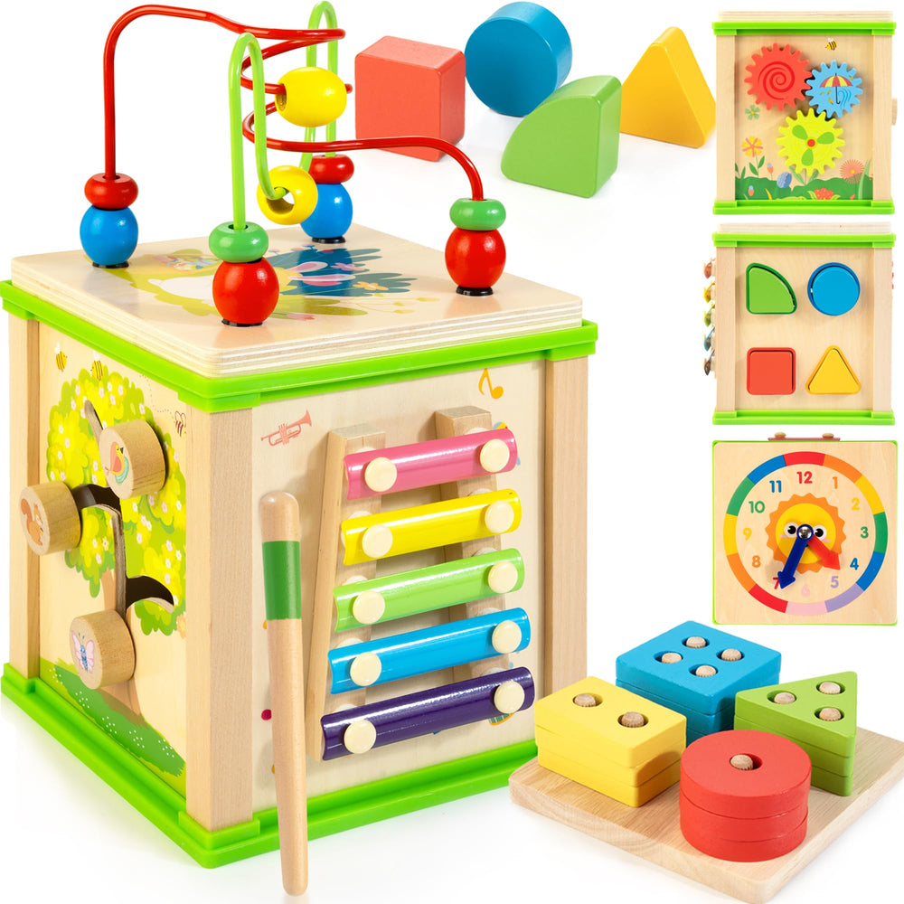 WOODMAM 7-in-1 activity cube front view for bead maze play and exploration
