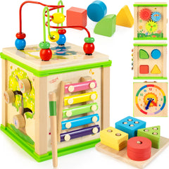 WOODMAM 7-in-1 activity cube front view for bead maze play and exploration