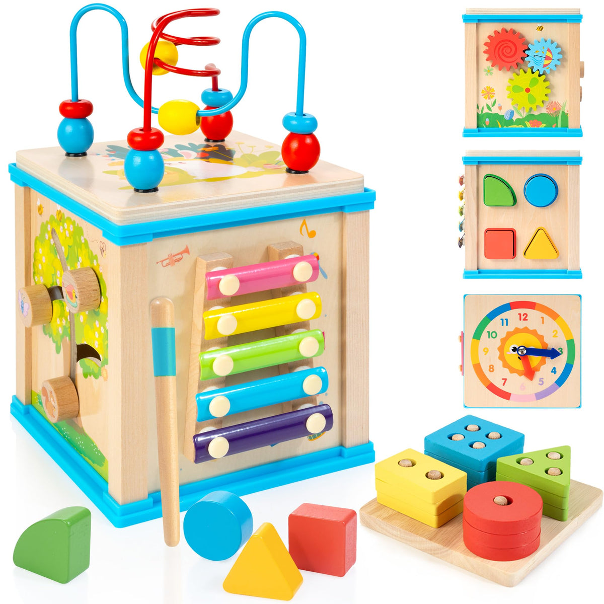 Woodmam 7-in-1 activity cube main view promotes fine motor skills through diverse play.