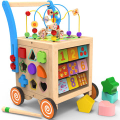 WOODMAM 9-in-1 wooden activity cube front view highlighting learning panels.