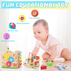 WOODMAM Bravmate cube shape sorter reinforces color and shape recognition.
