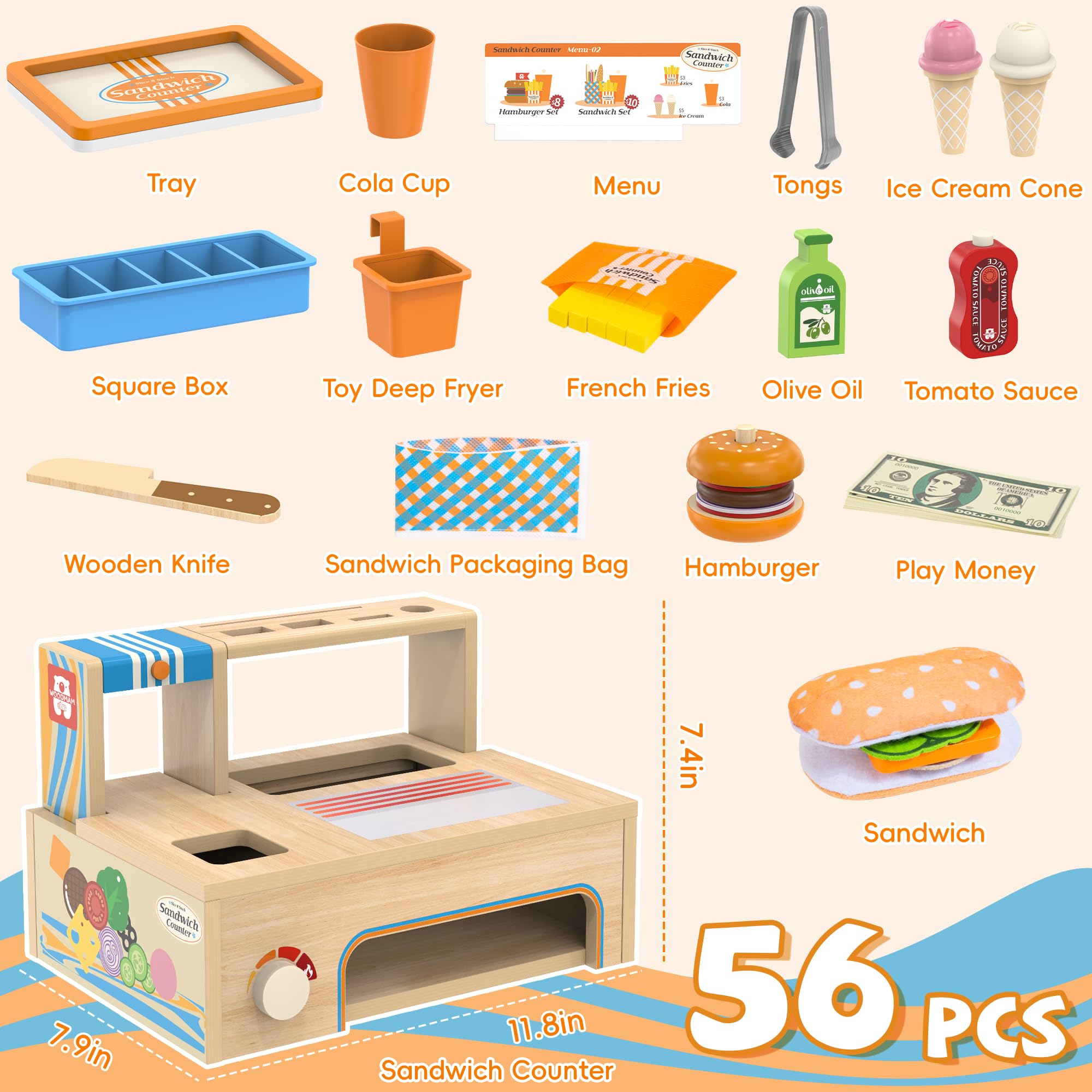 WOODMAM burger set featuring realistic pretend meals for storytelling.