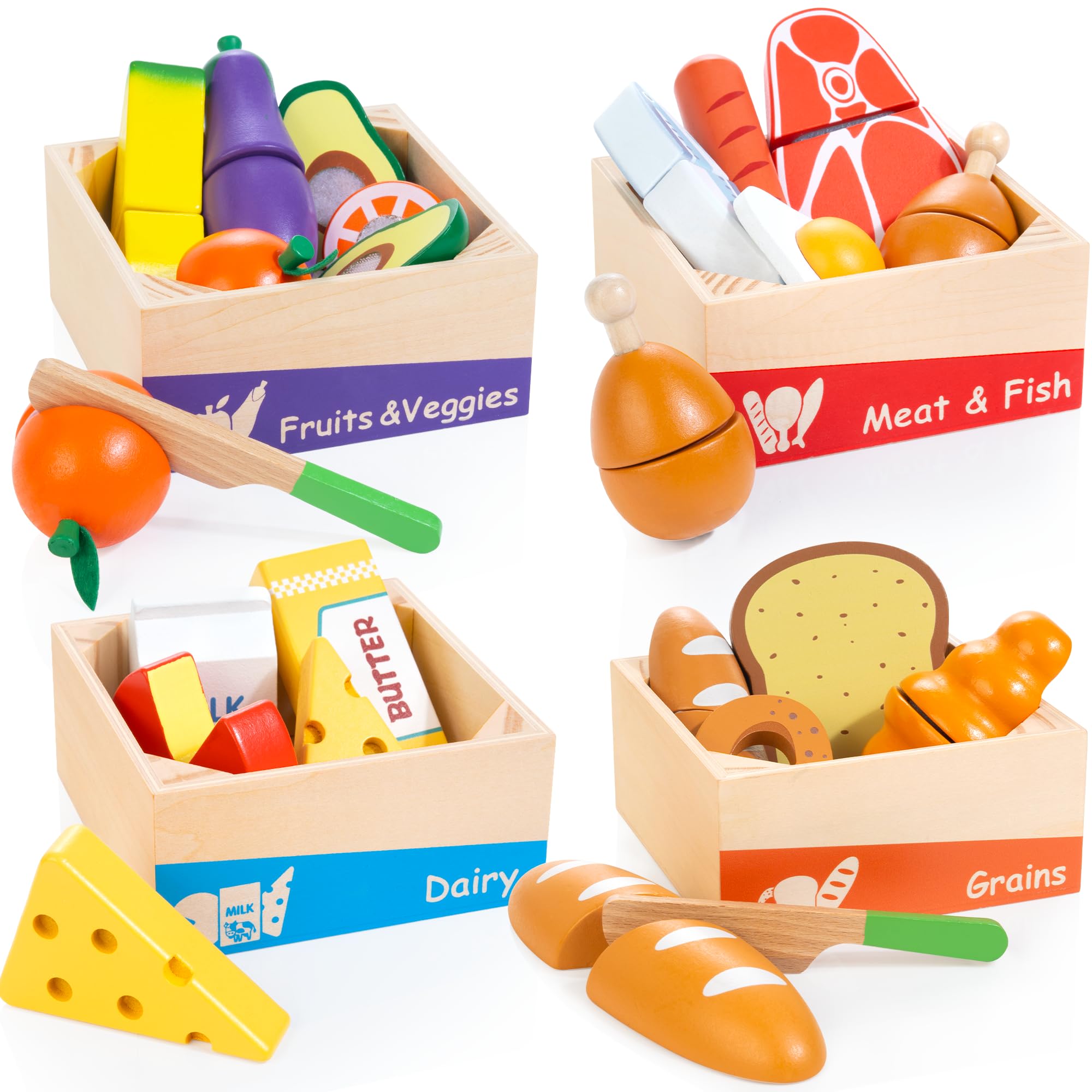 WOODMAM wooden play food with color sorting for toddler cognitive skills.