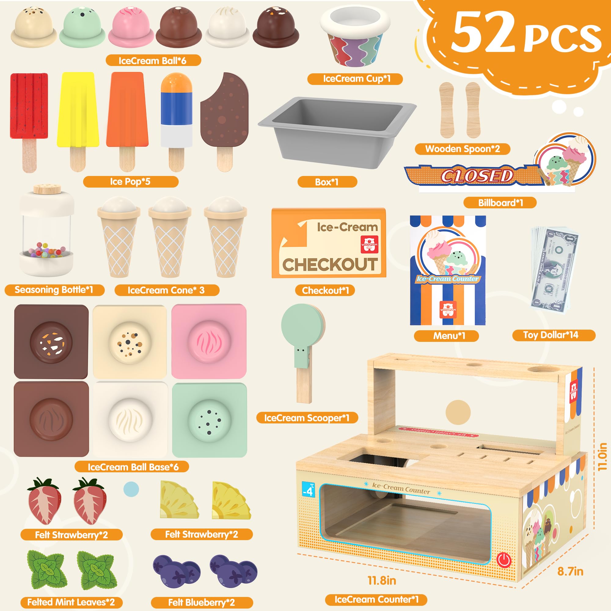 WOODMAM cones and toppings pack; colorful details spark creative pretend dining.