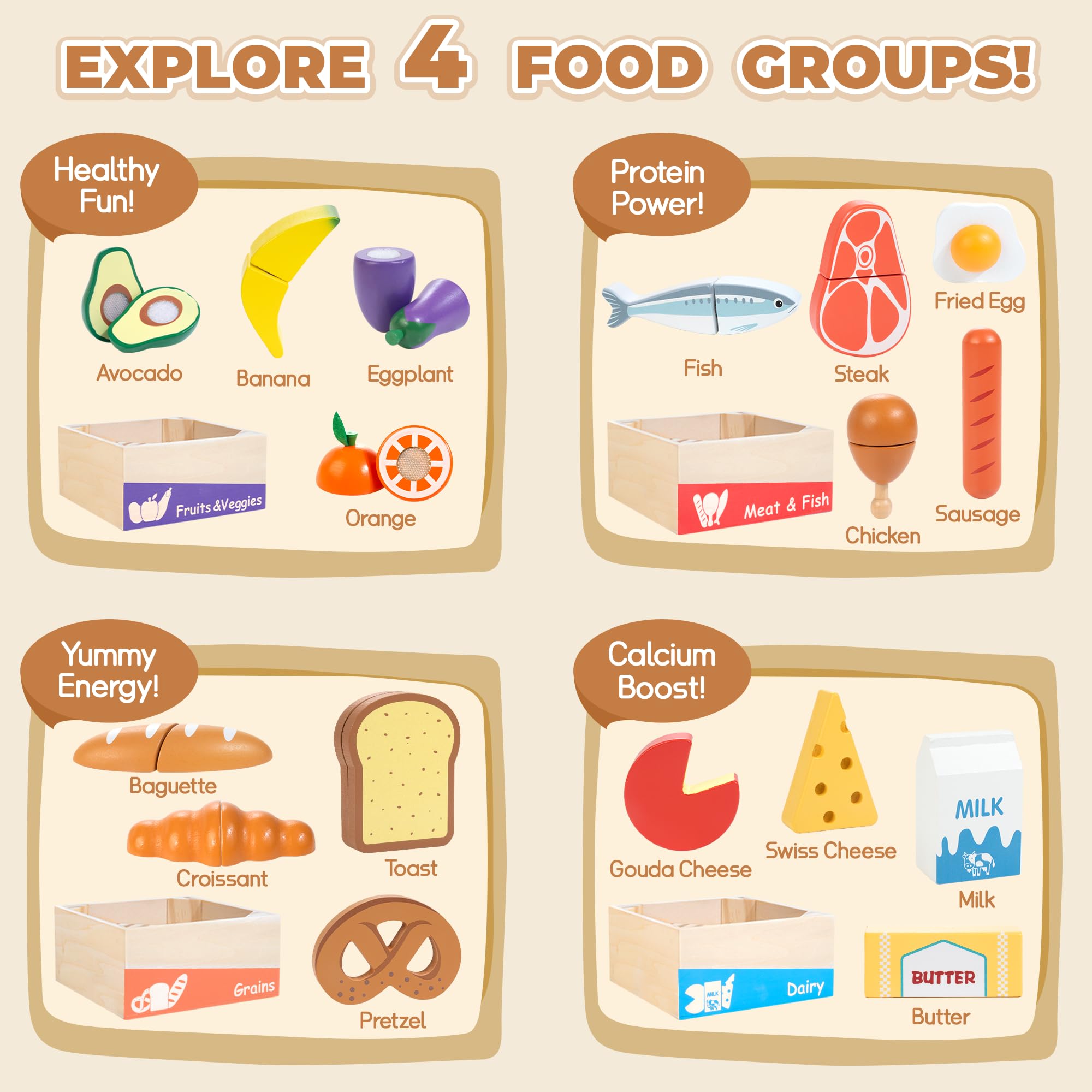 WOODMAM cutting fruits and vegetables encourages safe pretend cooking.