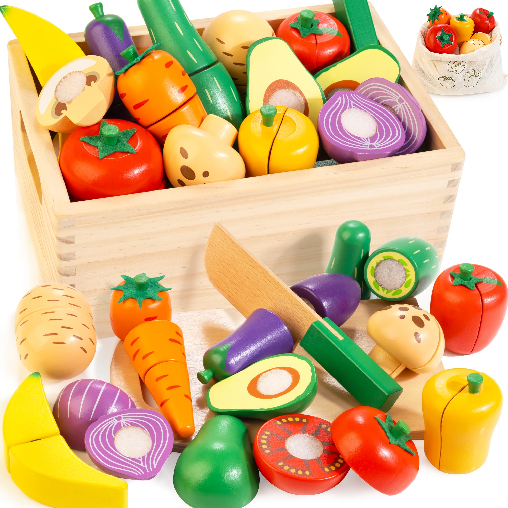 Woodmam wooden knife and cutting board for realistic pretend cutting play.