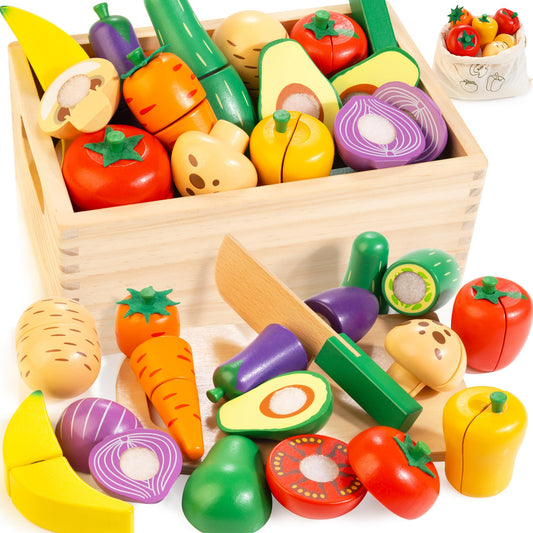 Woodmam wooden knife and cutting board for realistic pretend cutting play.