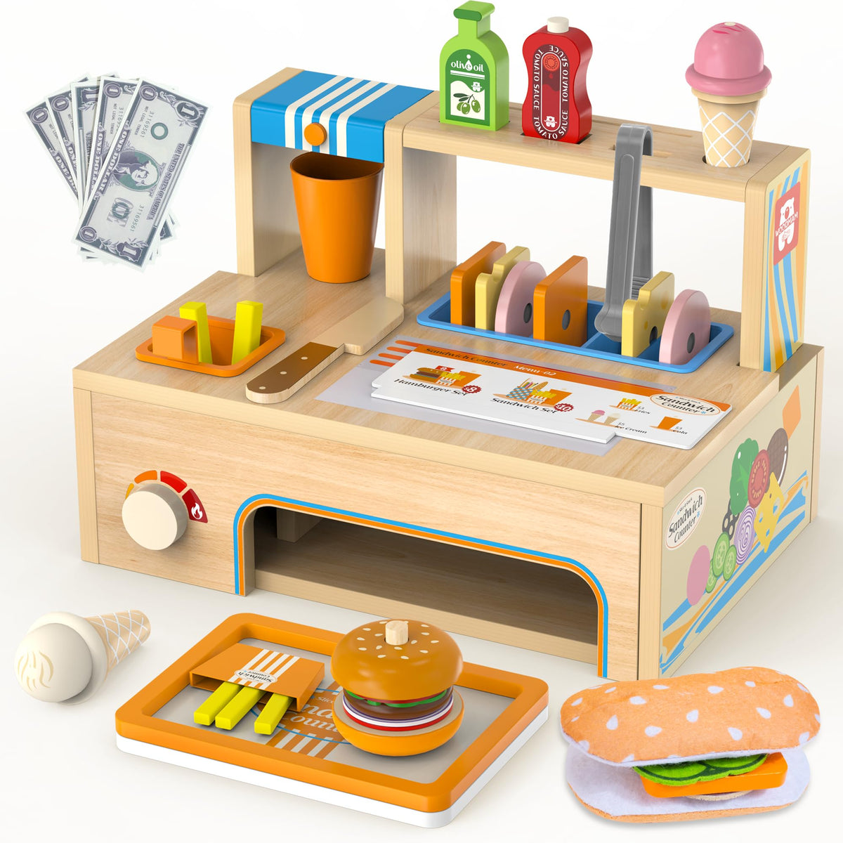 WOODMAM foldable sandwich counter for imaginative play and easy cleanup.