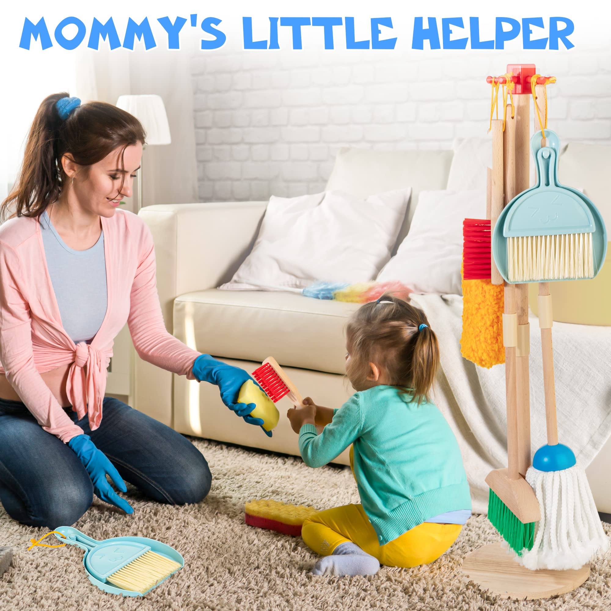 WOODMAM hand brush supports fine motor control during pretend housekeeping.