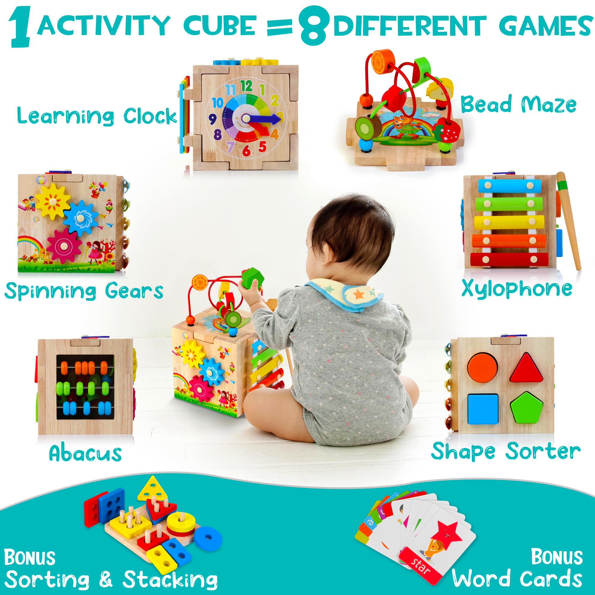 Woodmam HELLOWOOD cube baby xylophone invites musical exploration and sensory play.