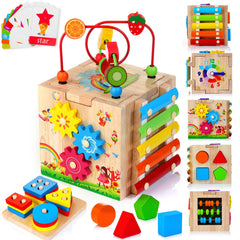 Woodmam HELLOWOOD cube bead maze promotes fine motor skills and color recognition.