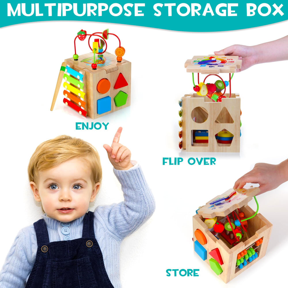 Woodmam HELLOWOOD cube shape sorter boosts early problem solving and categorization.