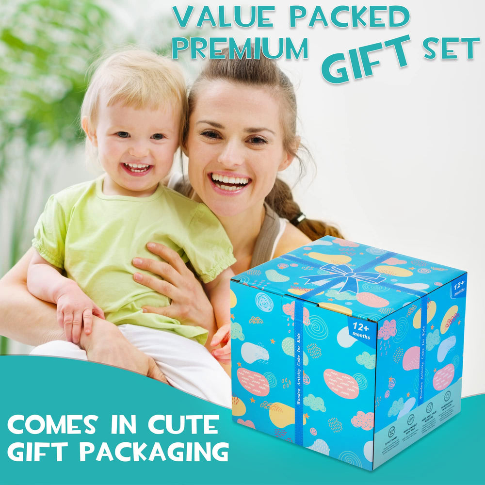 Woodmam HELLOWOOD cube stack and sort blocks develop fine motor precision.