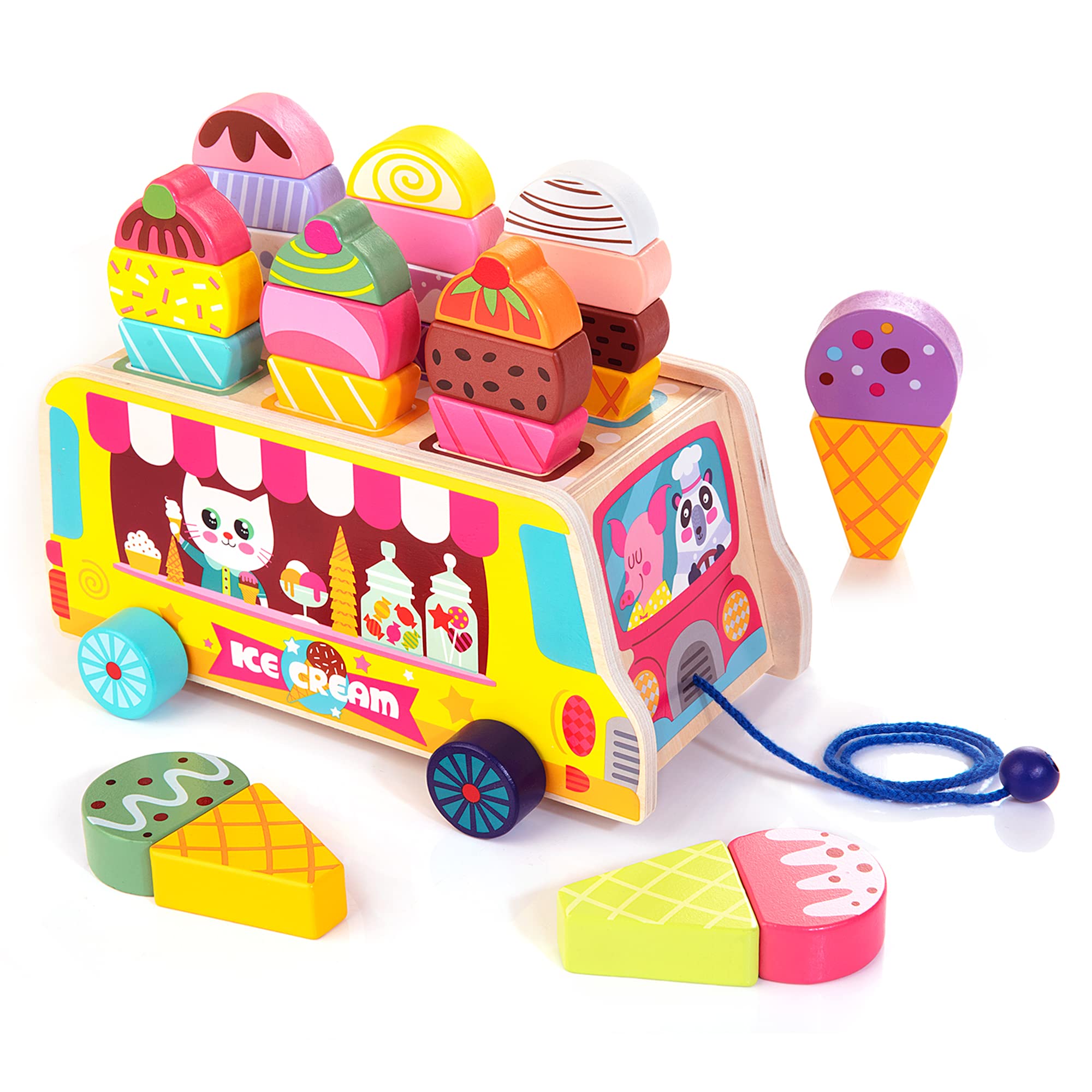 WOODMAM HelloWood truck front view with colorful ice cream pieces for imaginative pretend play.