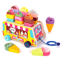 WOODMAM HelloWood truck front view with colorful ice cream pieces for imaginative pretend play.
