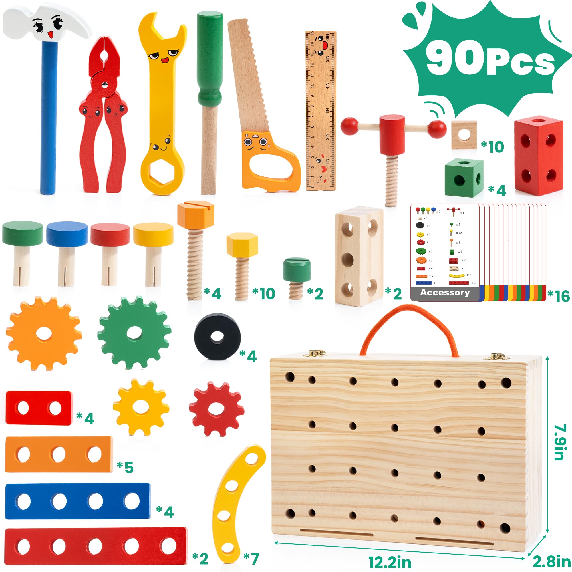 WOODMAM 90-piece wooden toolkit with assorted accessories for creative construction