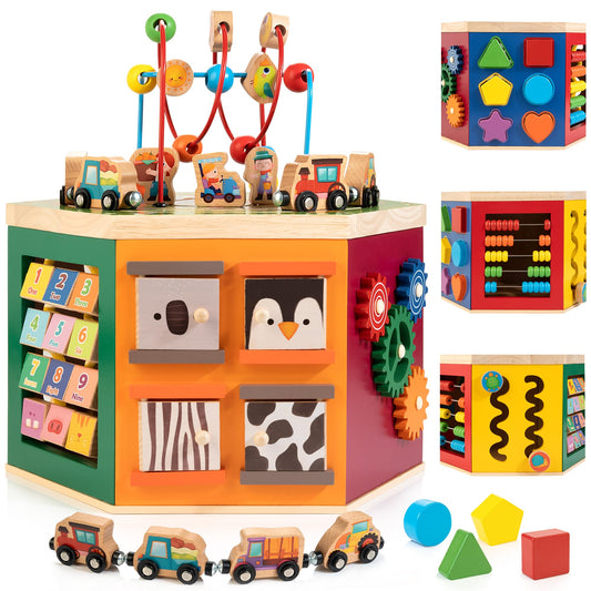 Woodmam large activity cube on display promotes tactile exploration and problem solving.