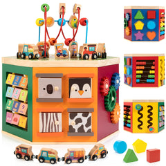 Woodmam large activity cube on display promotes tactile exploration and problem solving.