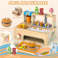 WOODMAM plates and condiments complete the pretend kitchen setup.