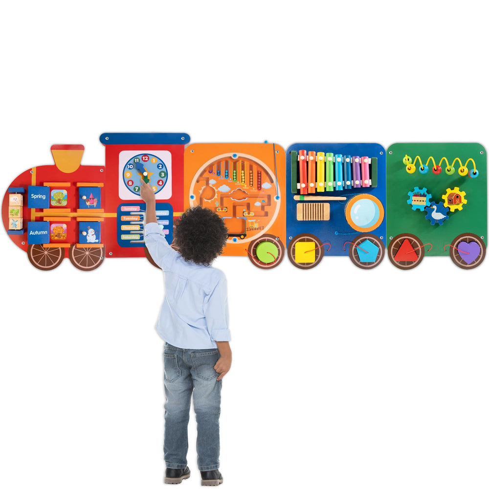 WOODMAM Train Activity Wall Panel 11-in-1 enhances indoor play and social interaction.