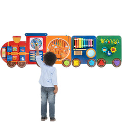 WOODMAM Train Activity Wall Panel 11-in-1 enhances indoor play and social interaction.
