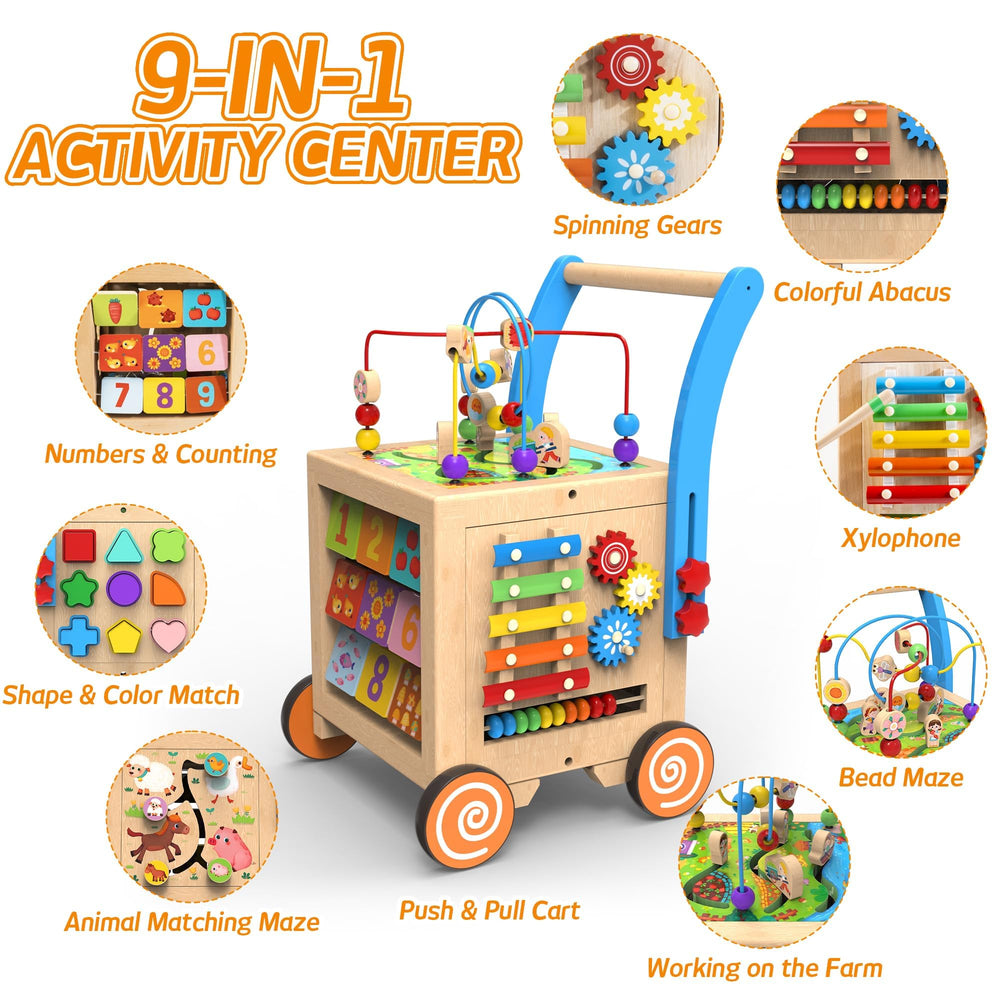 WOODMAM wooden baby walker side view for standing practice.