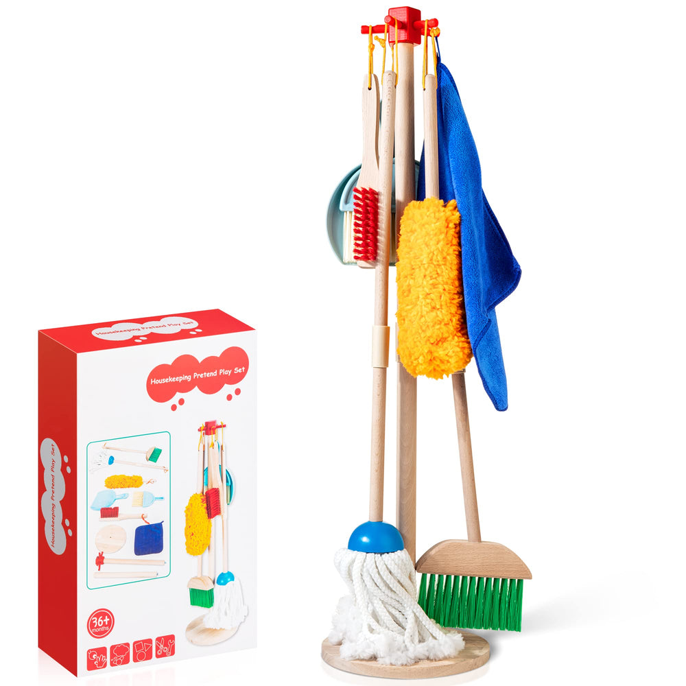 WOODMAM wooden cleaning set for toddlers; realistic tools for imaginative play and coordination.