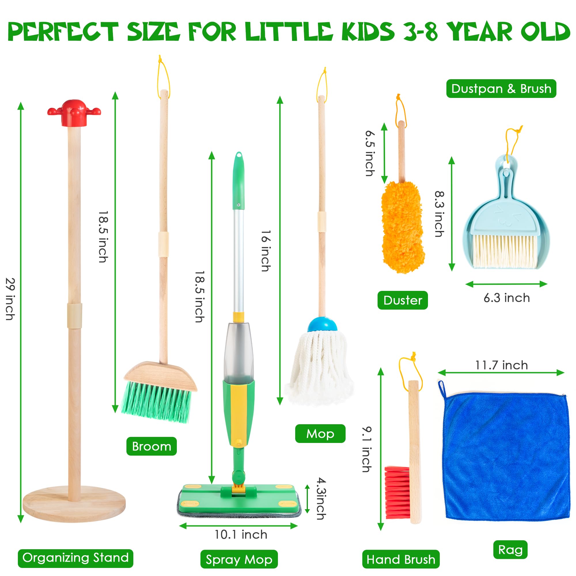 WOODMAM wooden kids cleaning set broom demonstrates safe role-play cleaning for children.