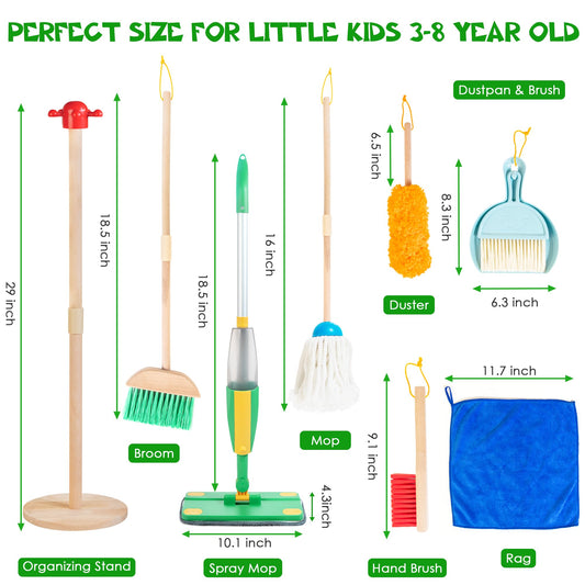 WOODMAM wooden kids cleaning set broom demonstrates safe role-play cleaning for children.