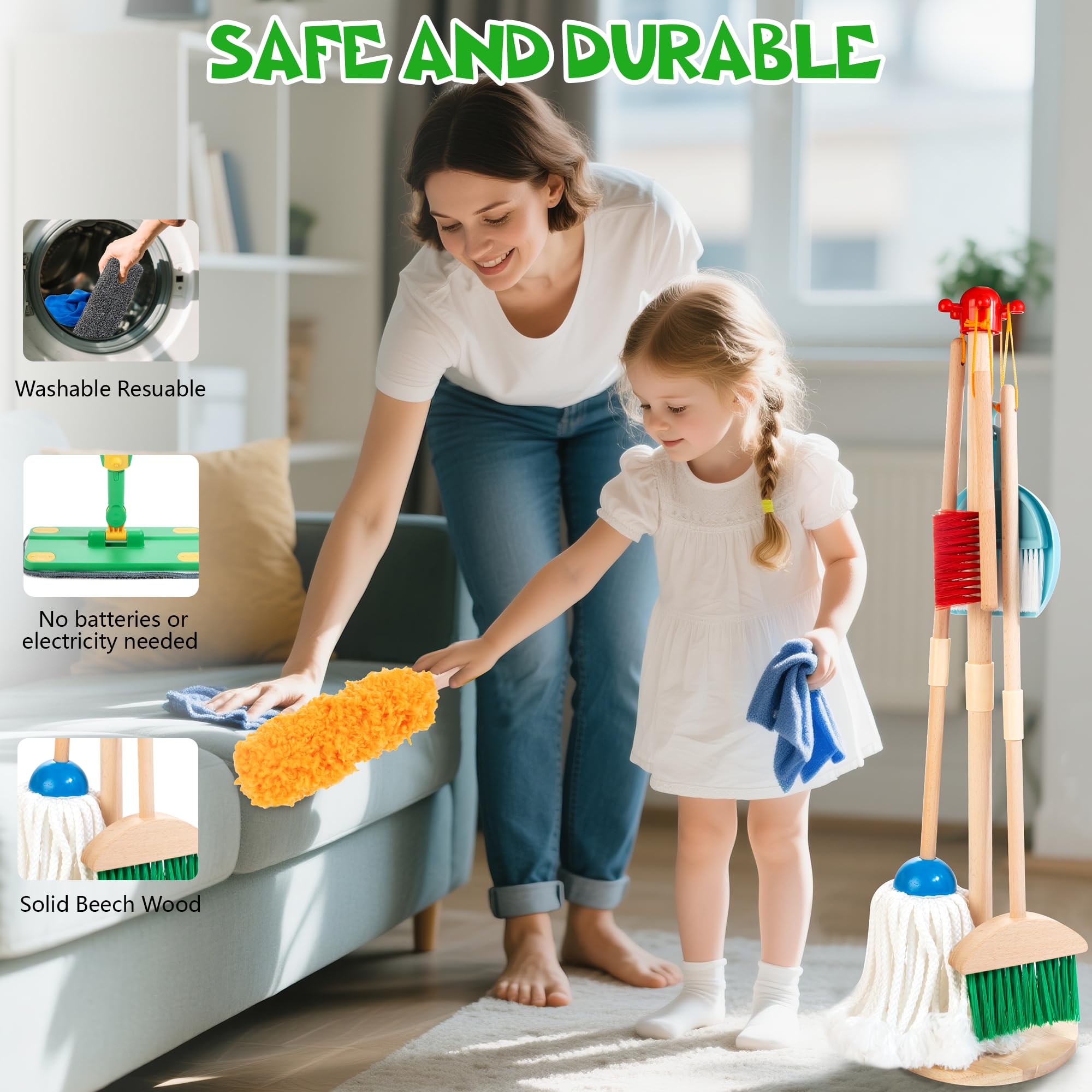 WOODMAM wooden kids cleaning set-dustpan-brush shows compact tools for pretend housekeeping.