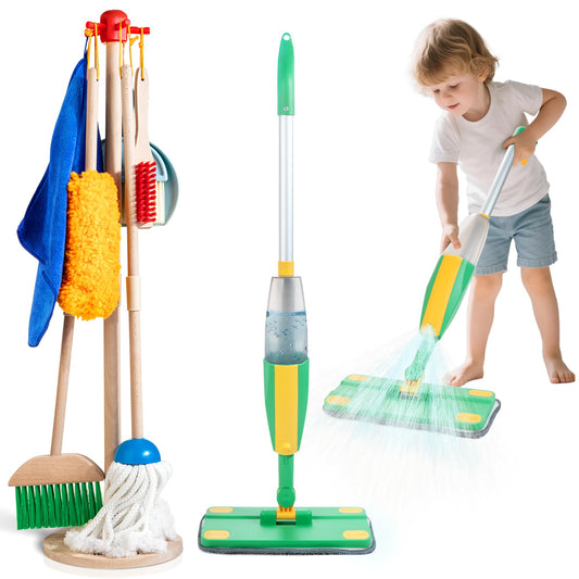 WOODMAM wooden kids cleaning set spray mop demonstrates easy pretend cleaning for toddlers.