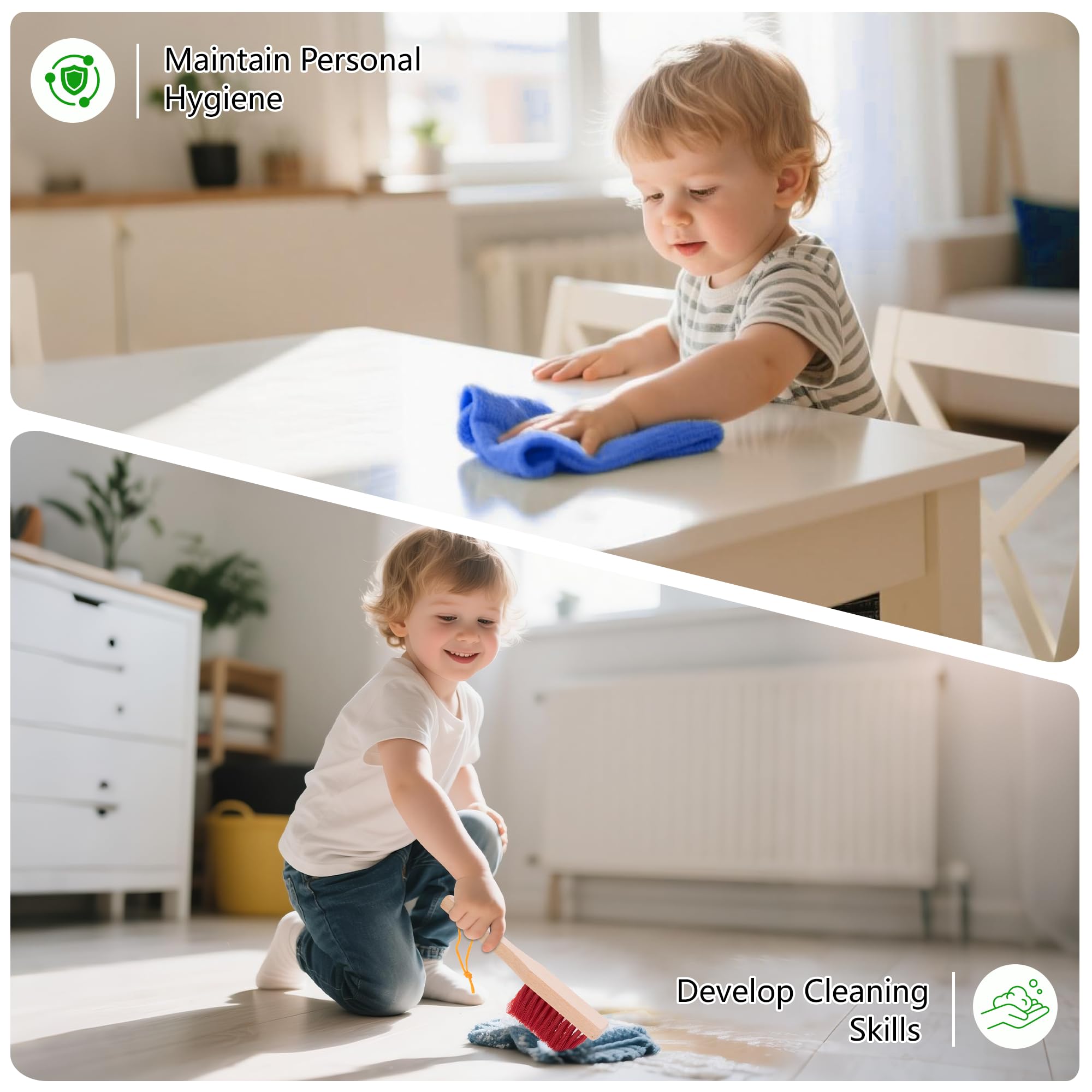 WOODMAM wooden kids cleaning set-storage-stand showcases organized, easy cleanup setup for kids.