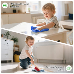 WOODMAM wooden kids cleaning set-storage-stand showcases organized, easy cleanup setup for kids.
