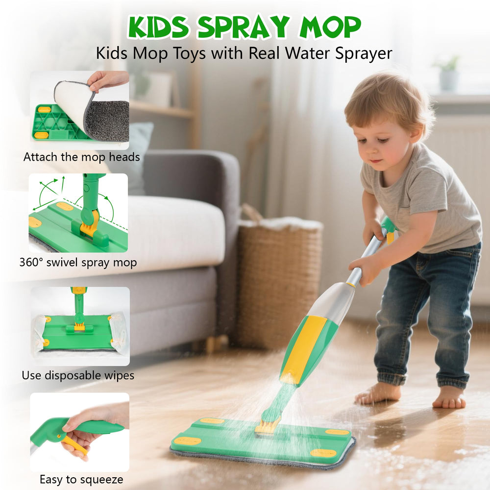 WOODMAM wooden kids cleaning set wooden-mop shows kid-friendly play without batteries.