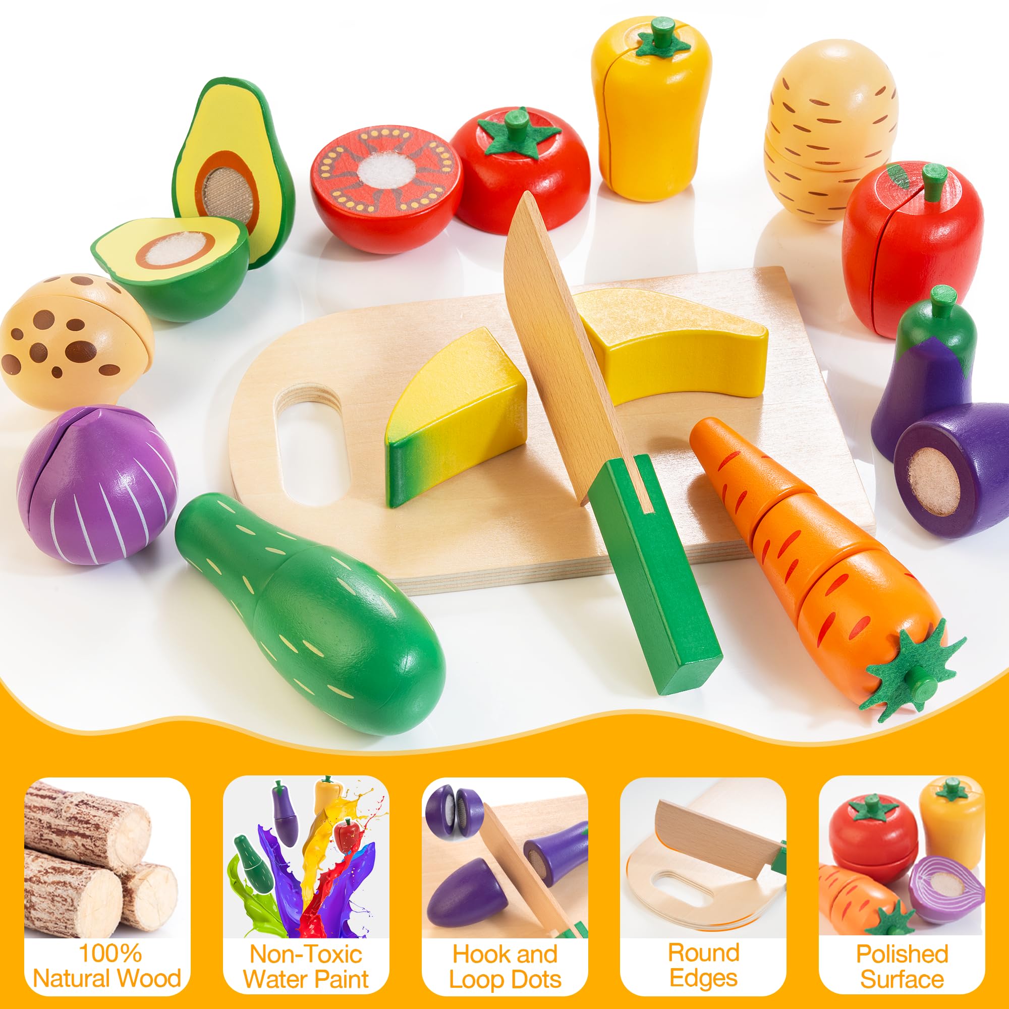 Woodmam wooden knife and cutting board for safe kitchen pretend play.