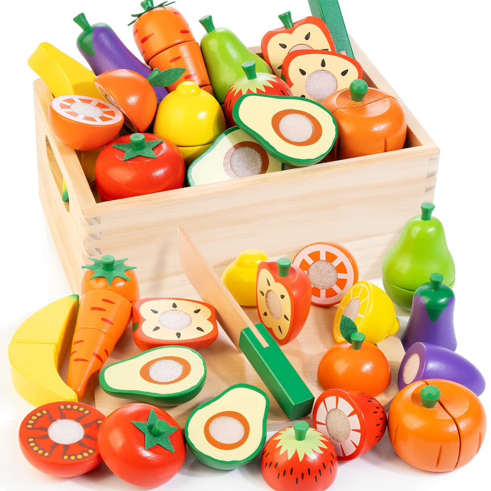 WOODMAM wooden play food cutting set promotes imaginative meals and fine motor skills