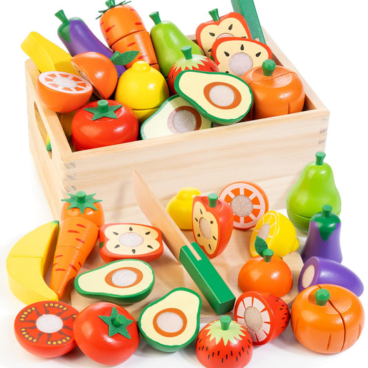 WOODMAM wooden play food cutting set promotes imaginative meals and fine motor skills