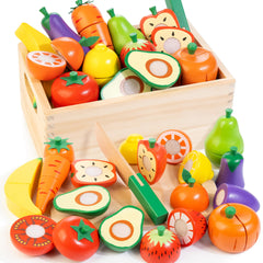 WOODMAM wooden play food cutting set promotes imaginative meals and fine motor skills