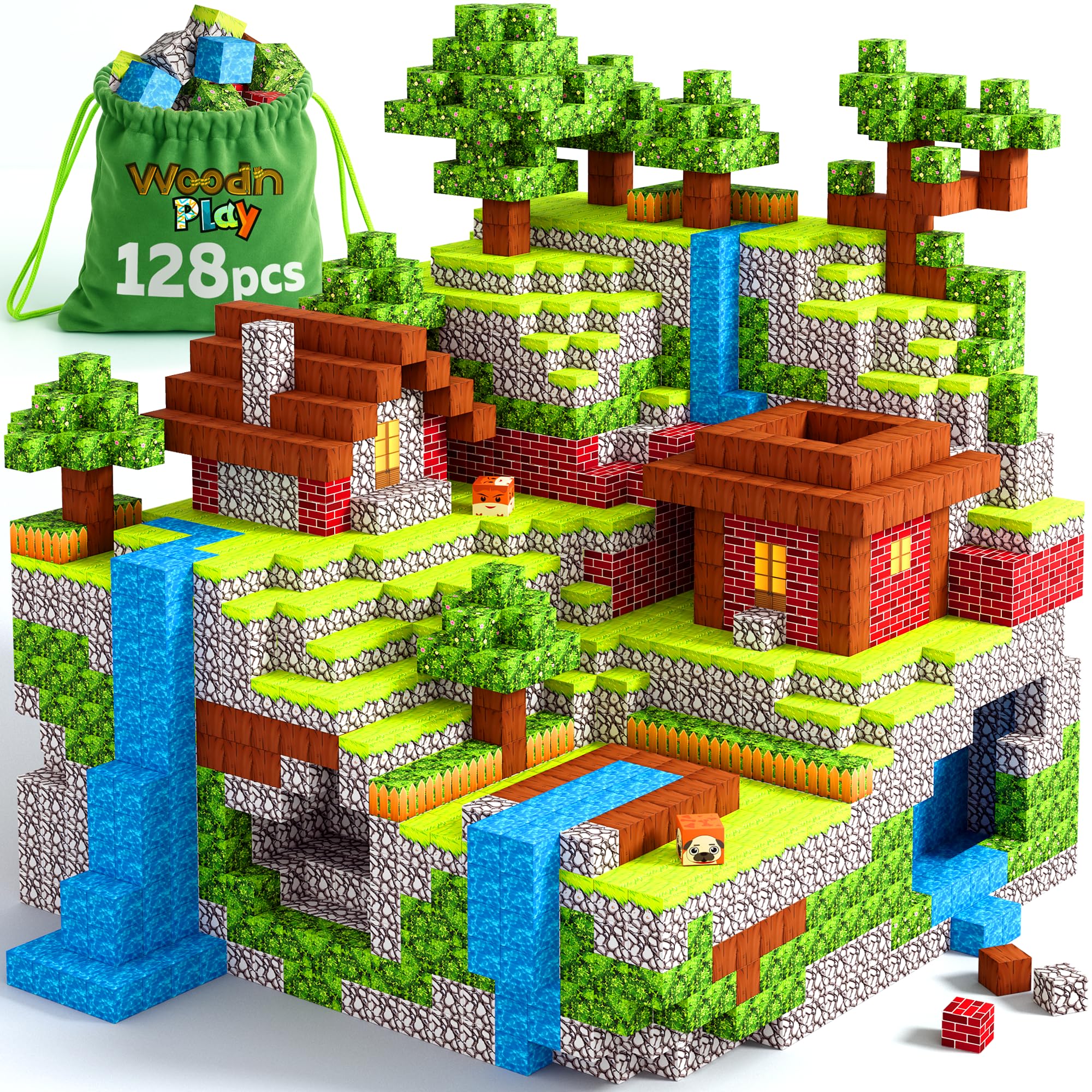 WoodnPlay magnetic blocks 128pcs on table for creative play and exploration.
