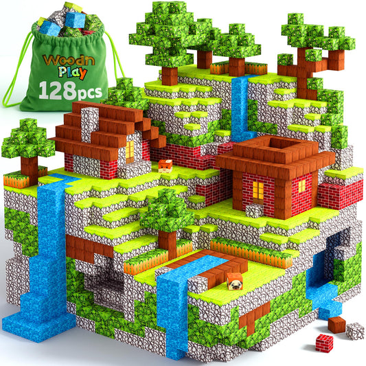 WoodnPlay magnetic blocks 128pcs on table for creative play and exploration.