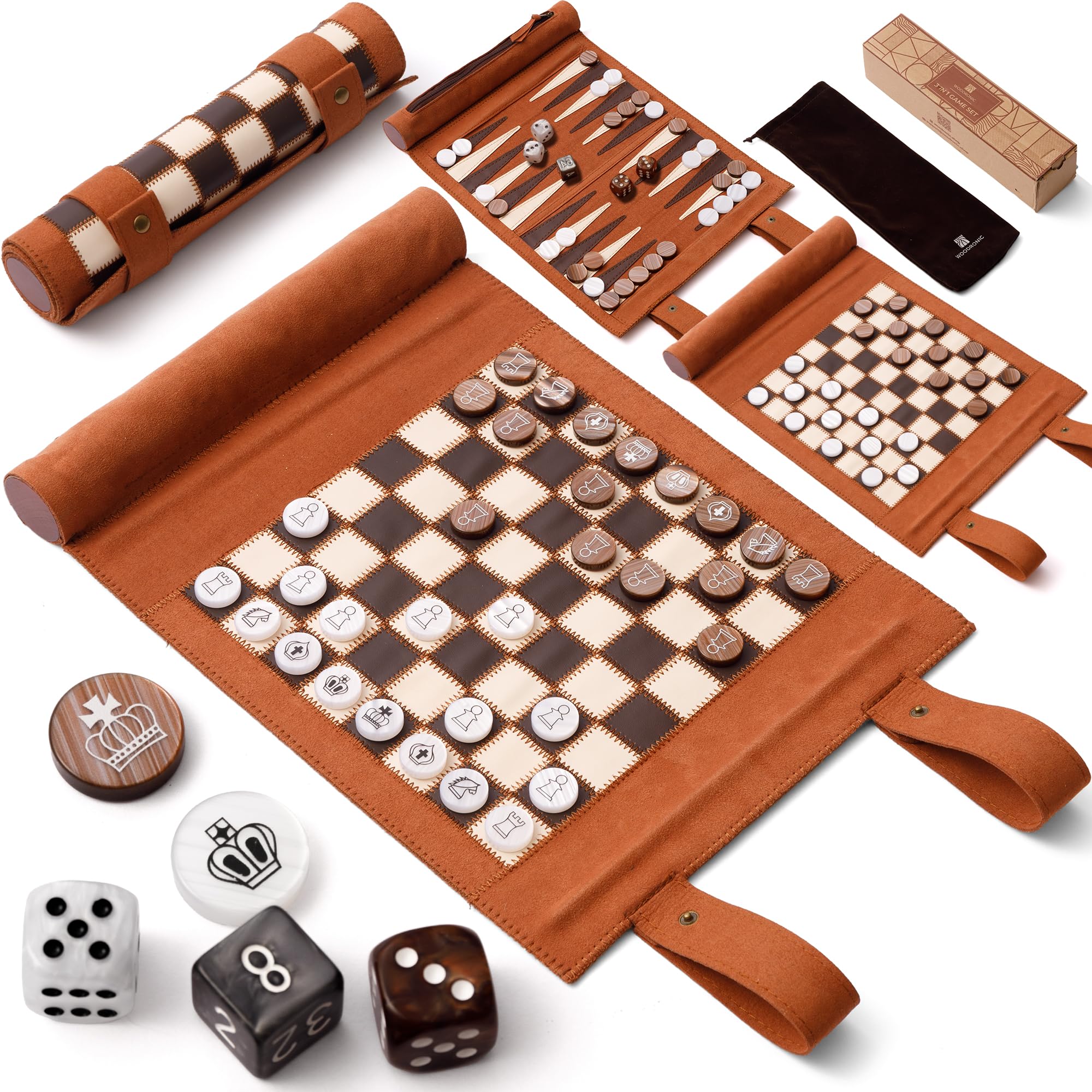 Woodronic travel board with leather roll-up design for on-the-go play.