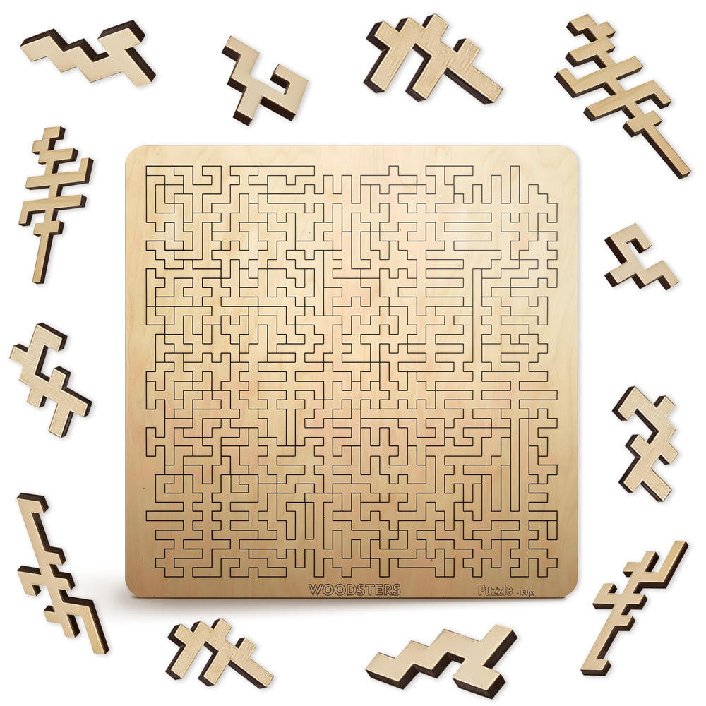 WOODSTERS Mind Bending Puzzle box front reveals Aztec labyrinth, ideal for display and planning.
