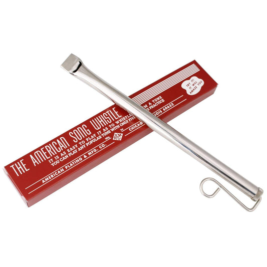Woodstock American Song Whistle brass slide close-up; durable nickel-plated construction for long-lasting play.