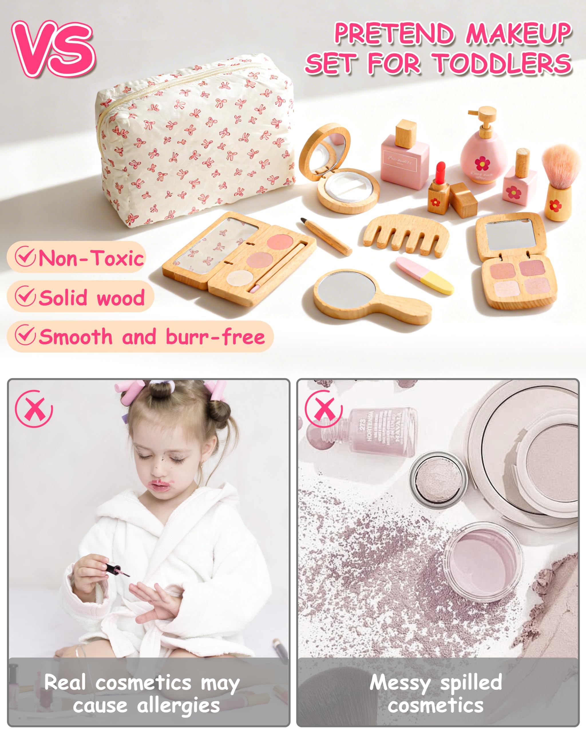 WoodsyJoy powder compact with wooden case for gentle, pretend makeup moments.