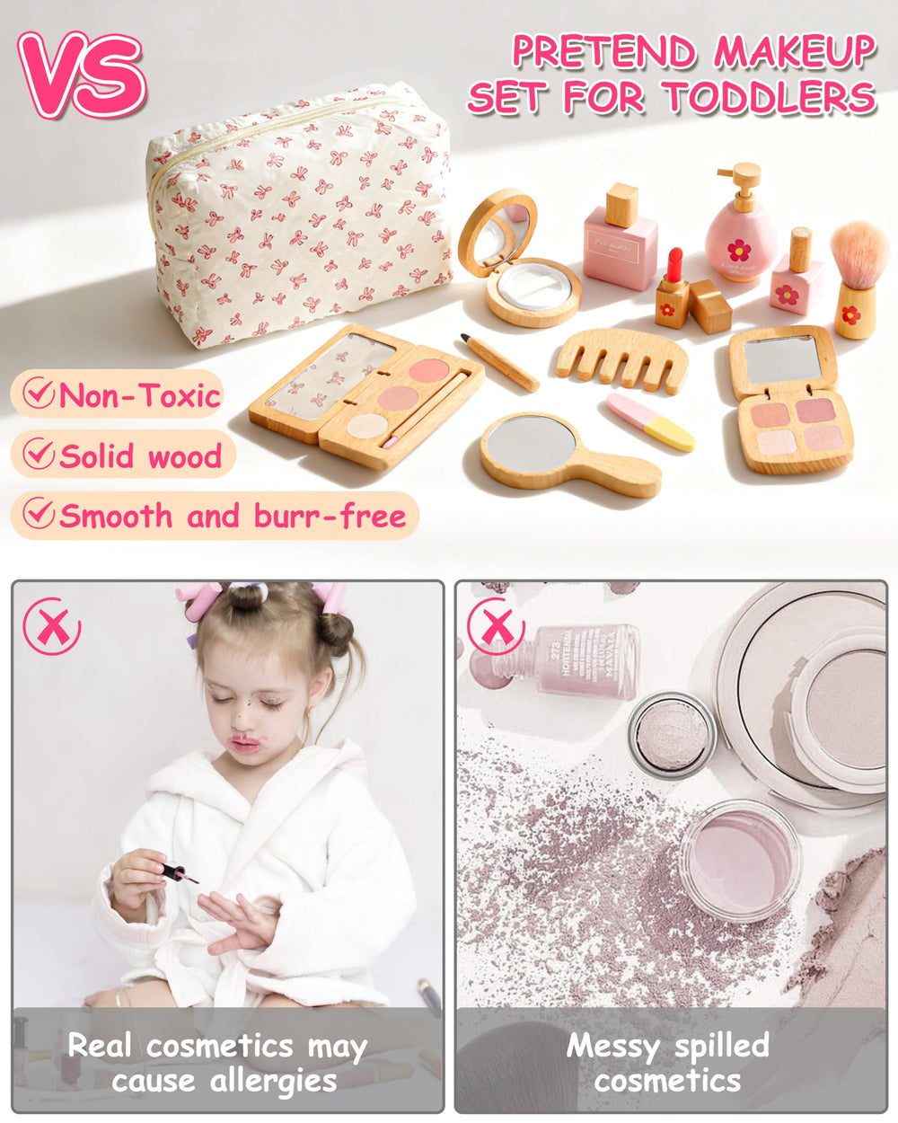 WoodsyJoy powder compact with wooden case for gentle, pretend makeup moments.