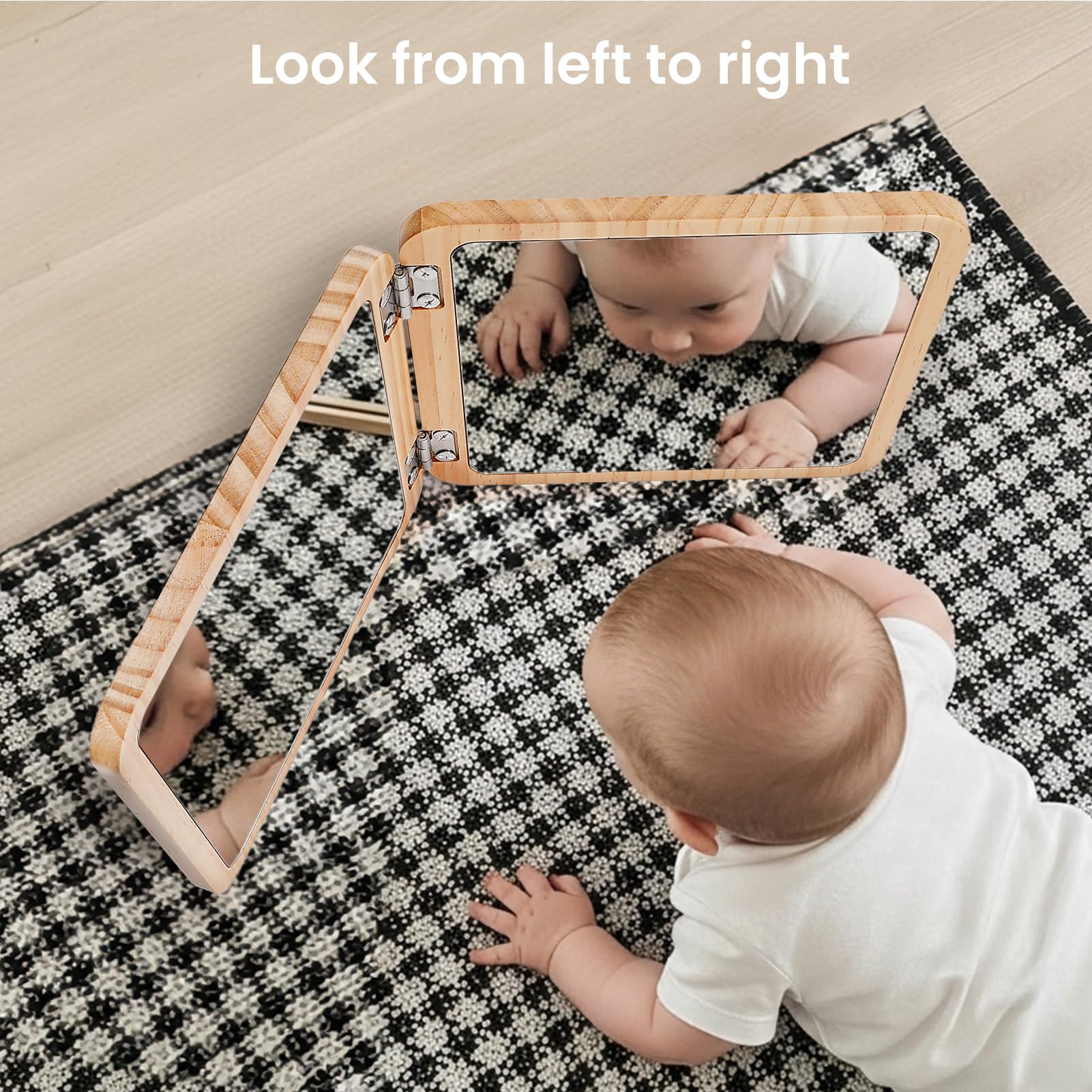 Woodtoe baby-safe natural pine frame with shatterproof mirror for safety.