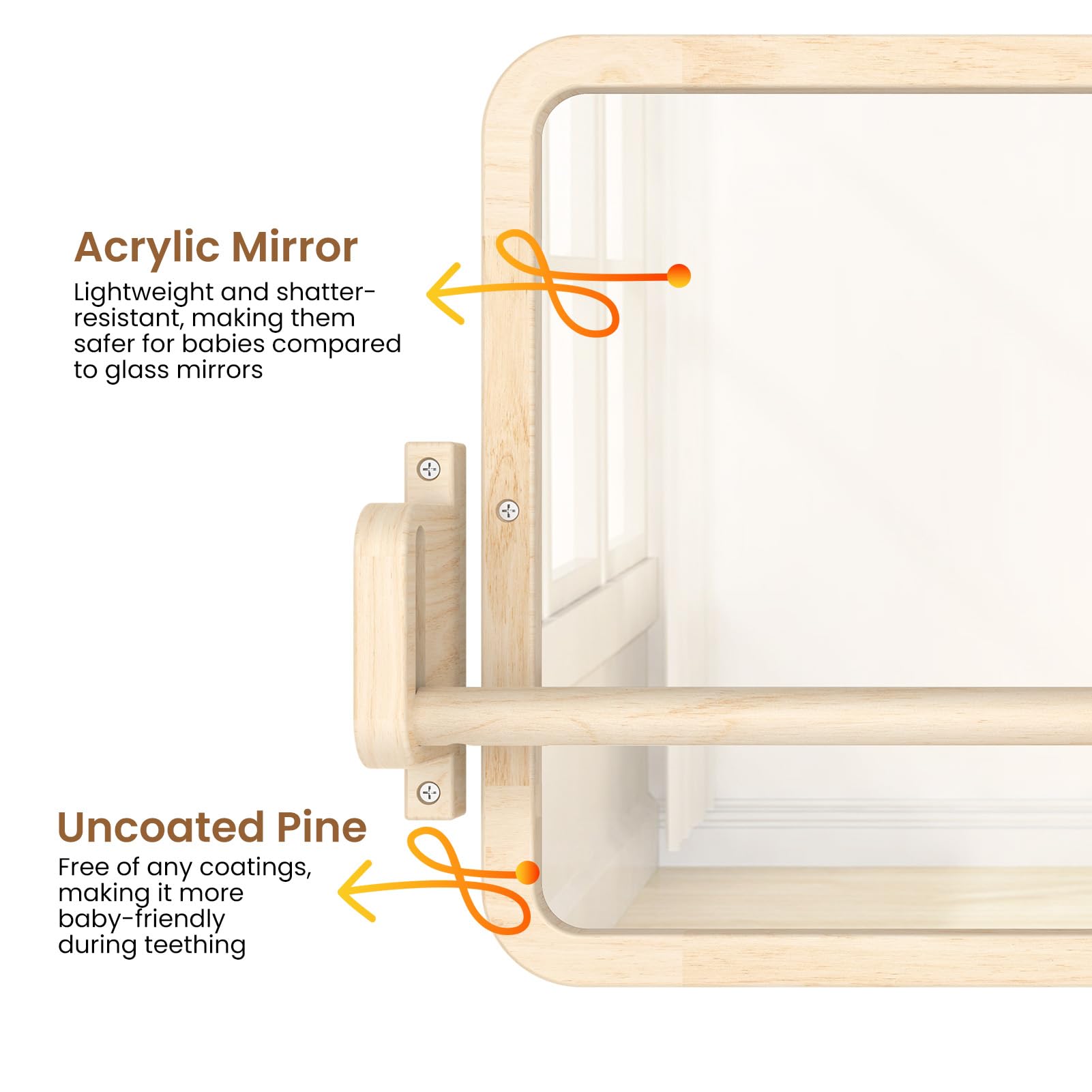Woodtoe baby uses Montessori mirror to explore movement while standing